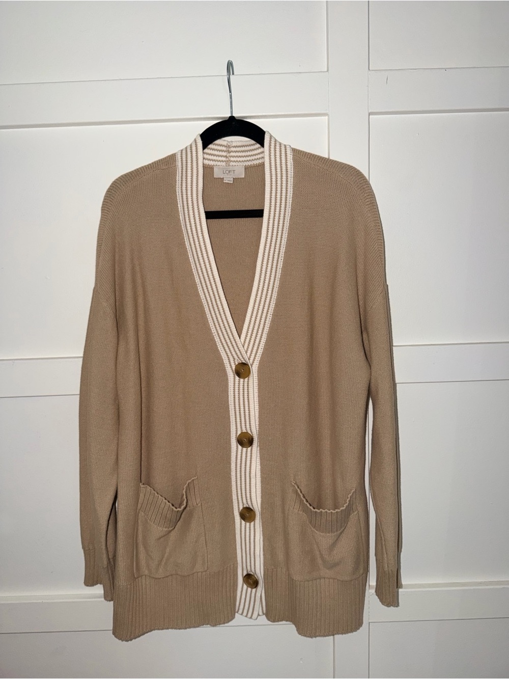 LOFT Beige Cardigan with Cream Trim